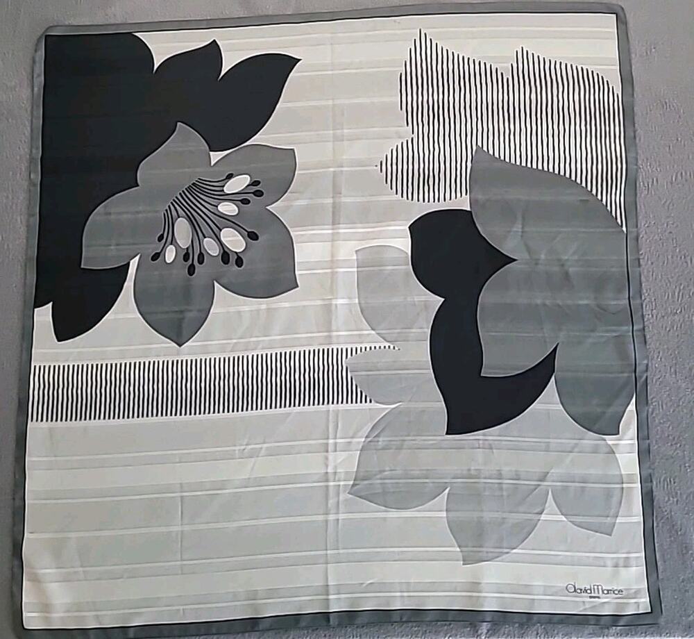 VTG David Marrice Paris Black White Floral Scarf Retro